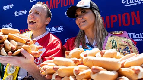Jul 4, 2023 · Defending champion Joey Chestnut cheers after finishing in first place in the Nathan's Famous Fourth of July International Hot Dog Eating Contest on July 4, 2023, at Coney Island in the Brooklyn ... 
